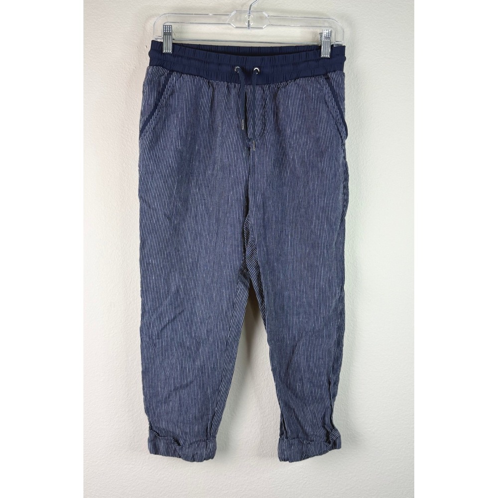 Athleta Joggers Womens 4P Blue White Pinstripe Linen Tapered Drawstring Pants
